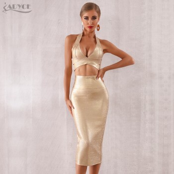 ADYCE 2019 New Summer Women Bodycon Bandage Sets Dress Vestidos 2 Two pieces Set Top Gold V Neck Celebrity Evening Party Dresses